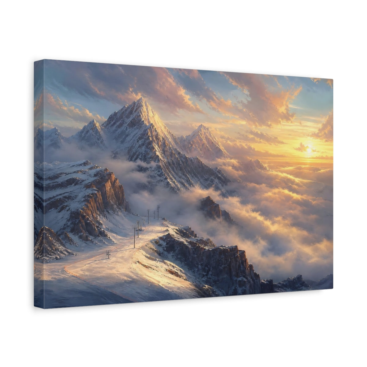 Side Mockup 4. Nature Snowy Mountains Golden Mountain shown as stretched canvas wall art