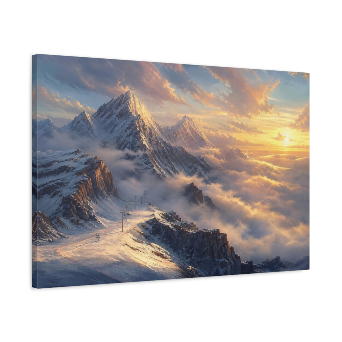 Side Mockup 2. Nature Snowy Mountains Golden Mountain shown as stretched canvas wall art