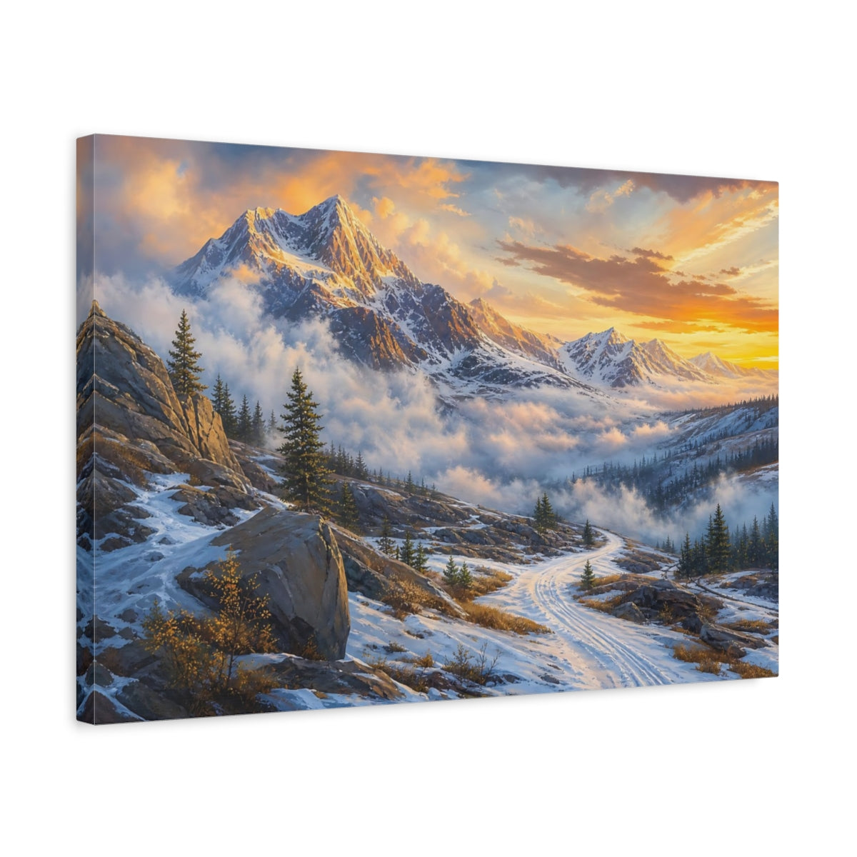 Side Mockup 3. Nature Snowy Mountains Golden Snowy Landscape shown as stretched canvas wall art
