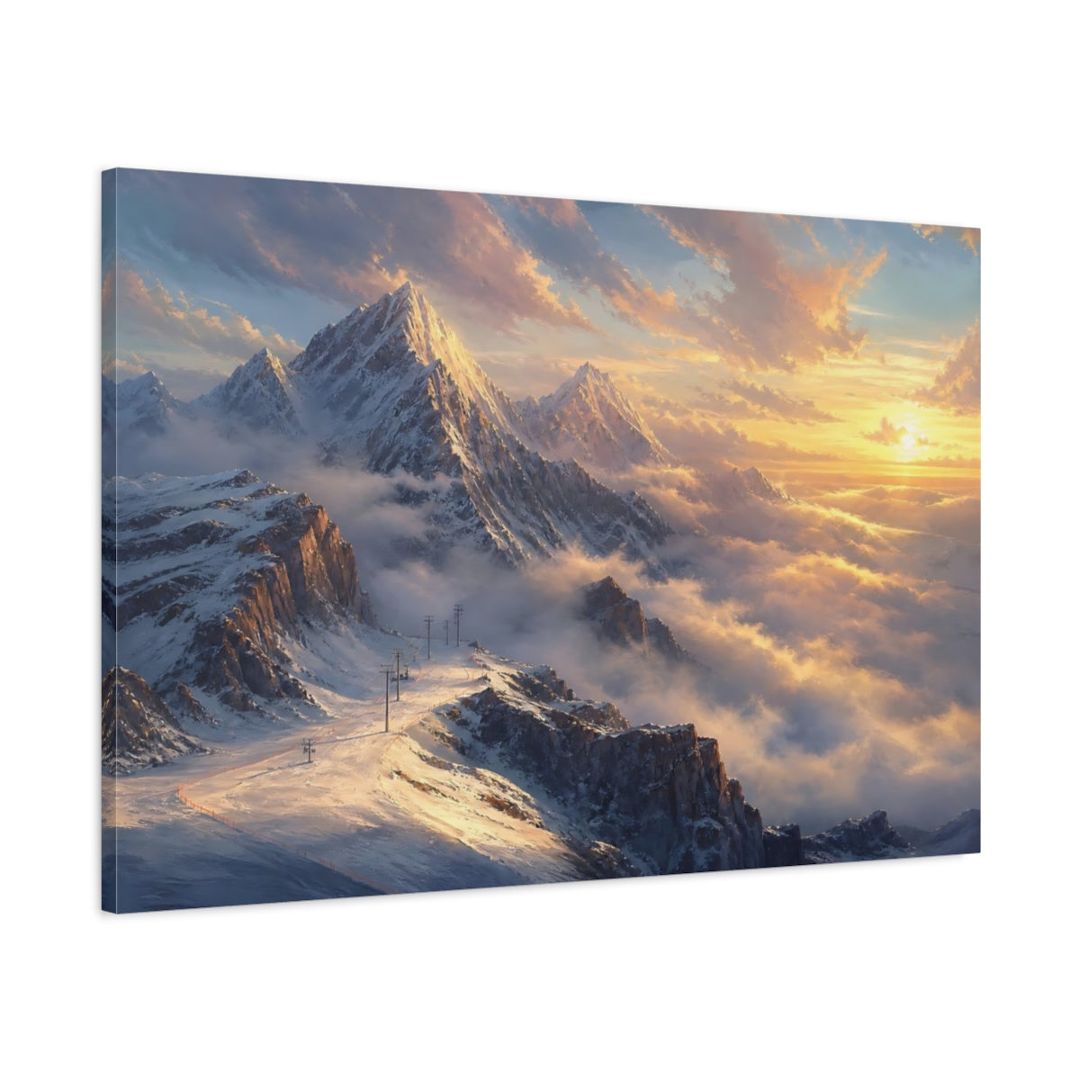 Main Mockup. Nature Snowy Mountains Golden Mountain shown as stretched canvas wall art