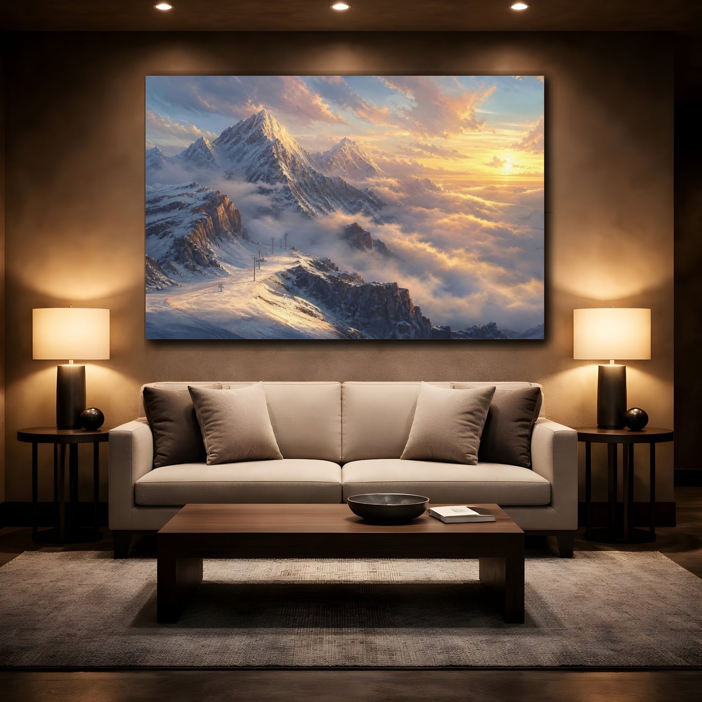 Mockup 2. Nature Snowy Mountains Golden Mountain shown as stretched canvas wall art