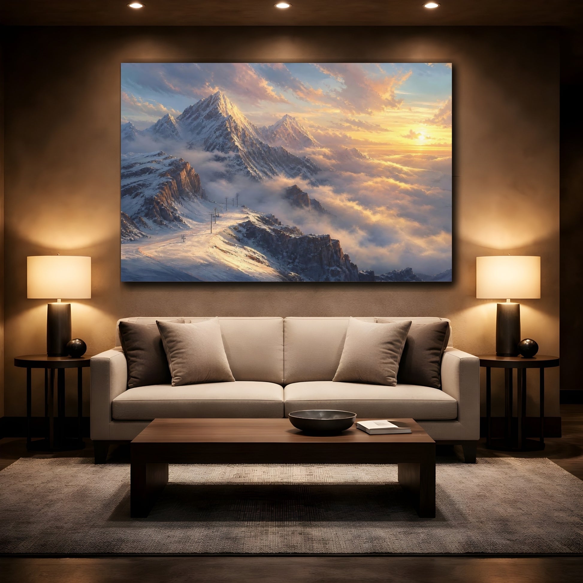 Mockup 2. Nature Snowy Mountains Golden Mountain shown as stretched canvas wall art