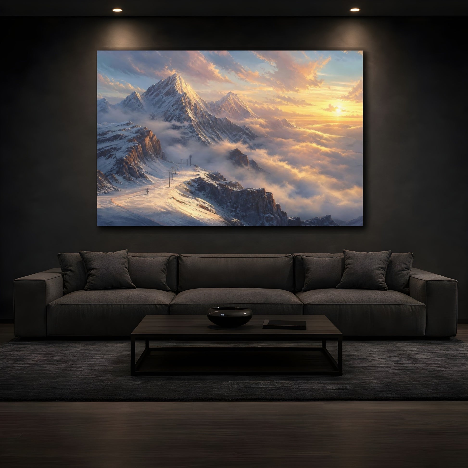 Mockup 3. Nature Snowy Mountains Golden Mountain shown as stretched canvas wall art