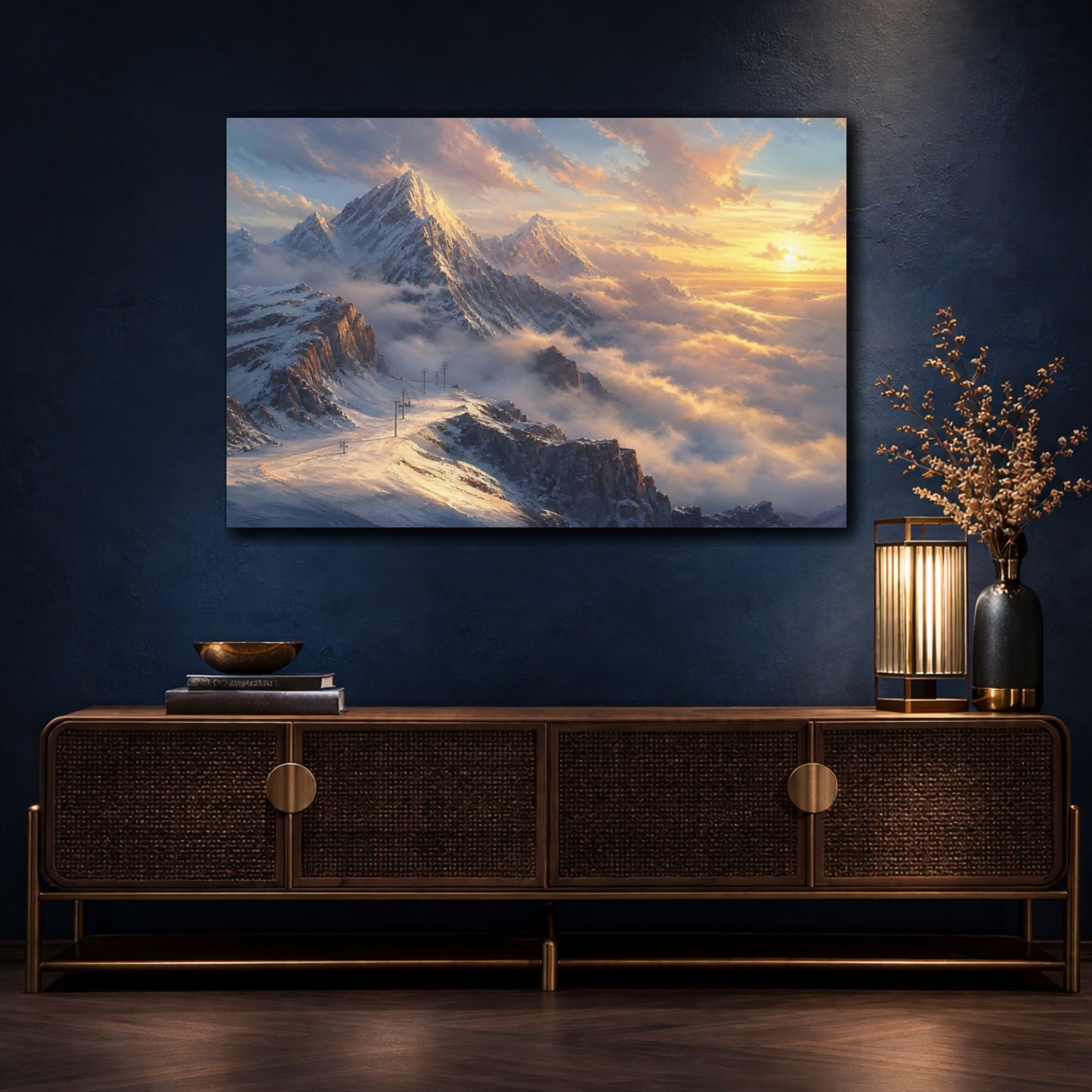 Mockup 4. Nature Snowy Mountains Golden Mountain shown as stretched canvas wall art