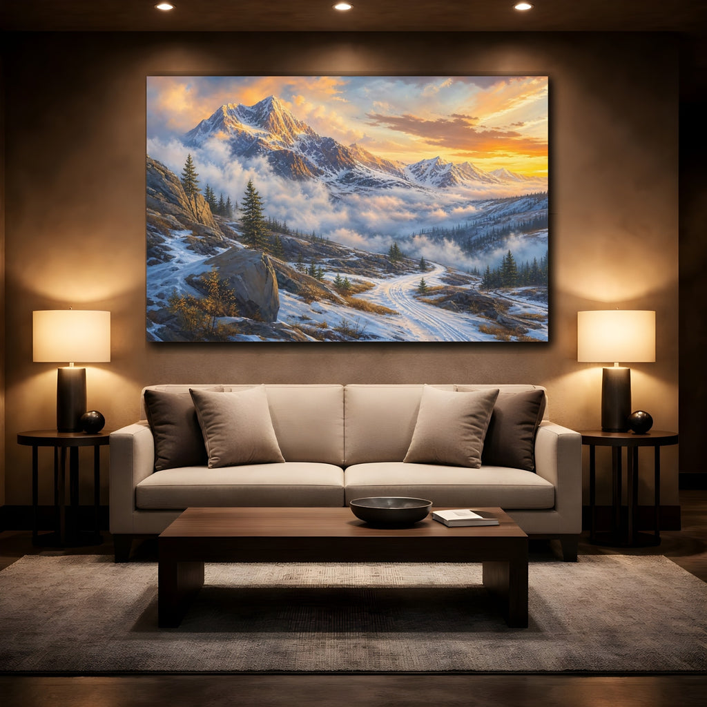 Mockup 2. Nature Snowy Mountains Golden Snowy Landscape shown as stretched canvas wall art