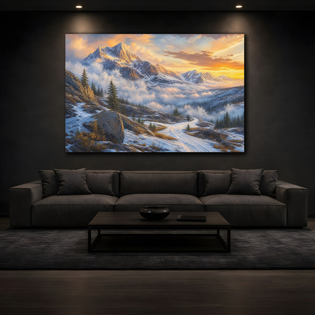 Mockup 3. Nature Snowy Mountains Golden Snowy Landscape shown as stretched canvas wall art