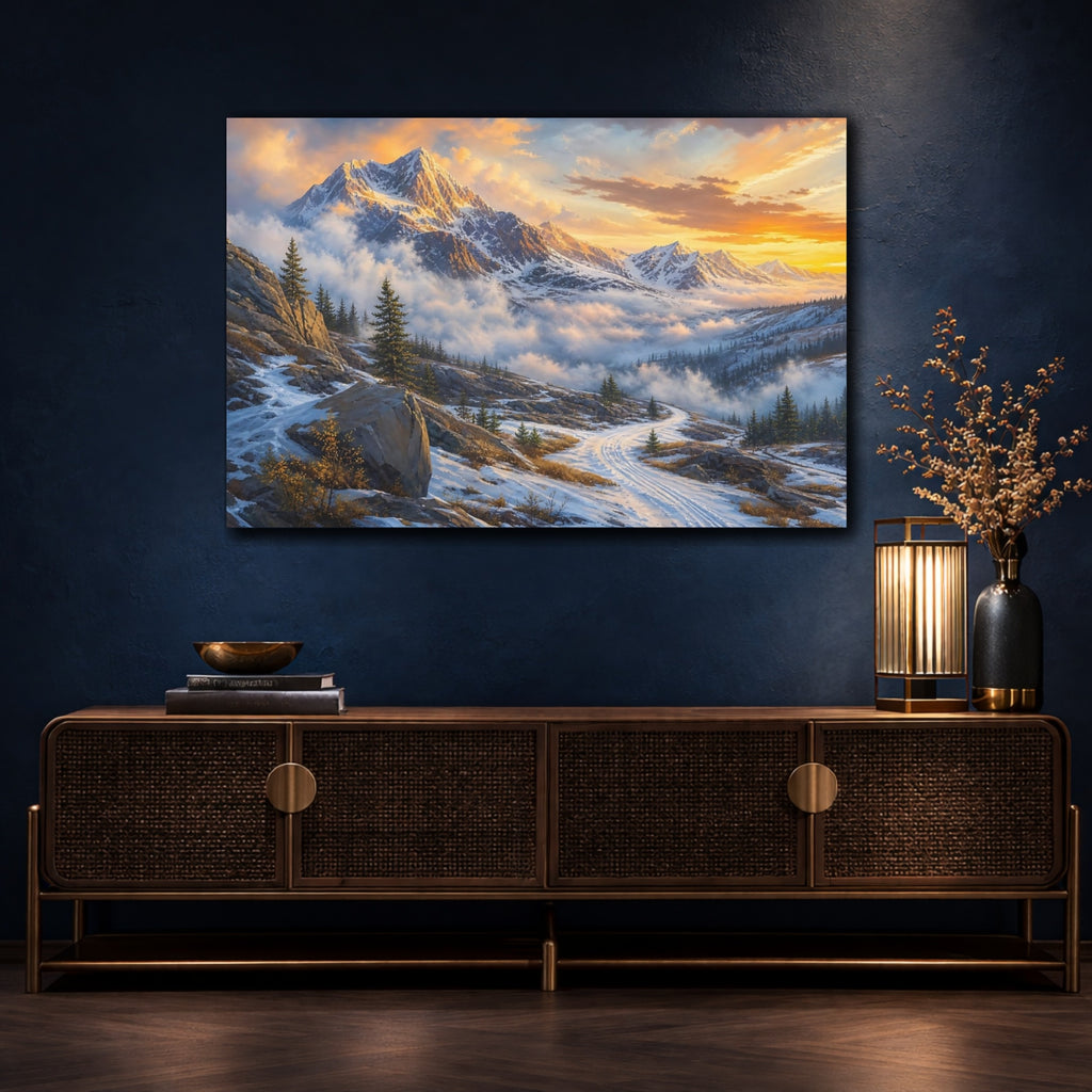 Mockup 4. Nature Snowy Mountains Golden Snowy Landscape shown as stretched canvas wall art