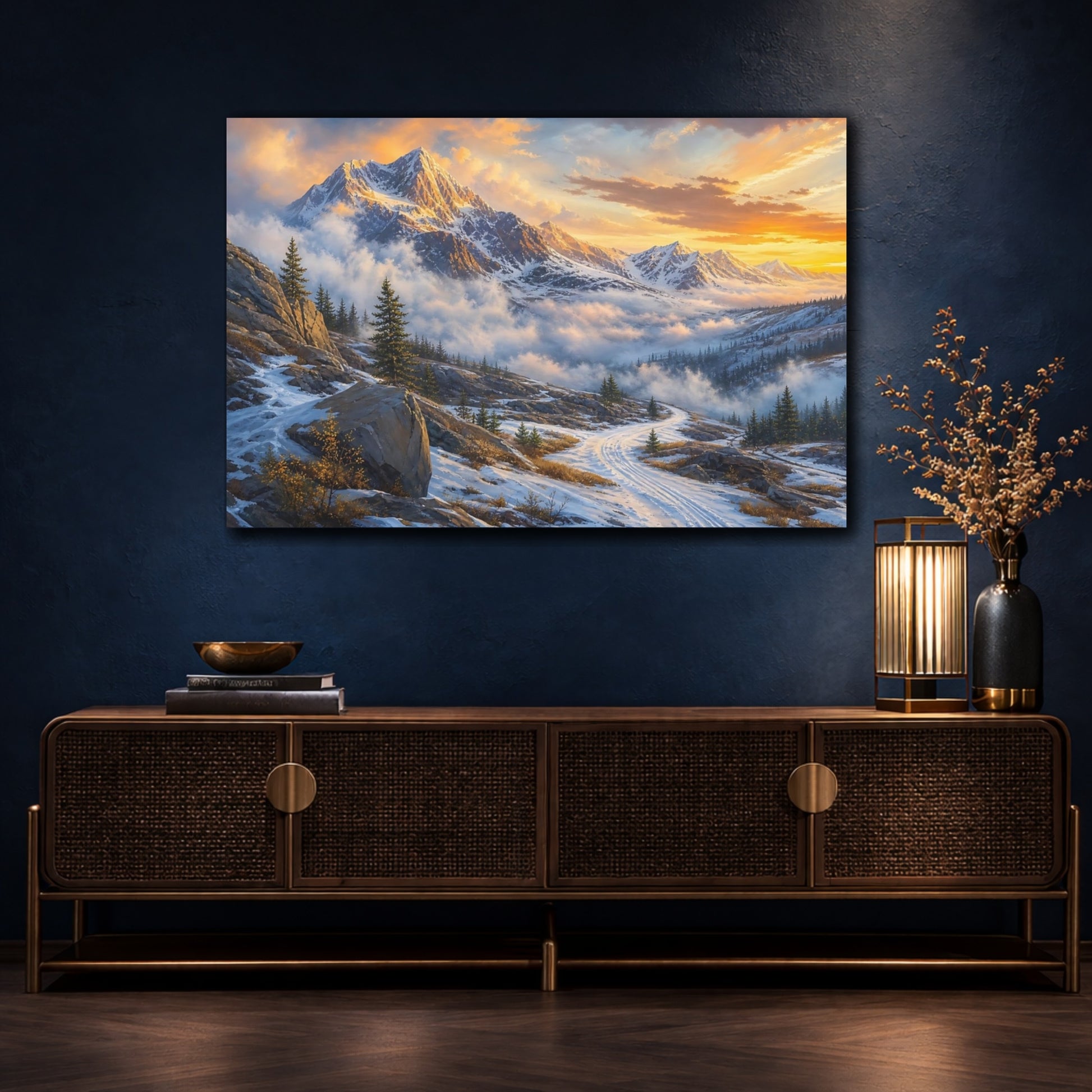 Mockup 4. Nature Snowy Mountains Golden Snowy Landscape shown as stretched canvas wall art