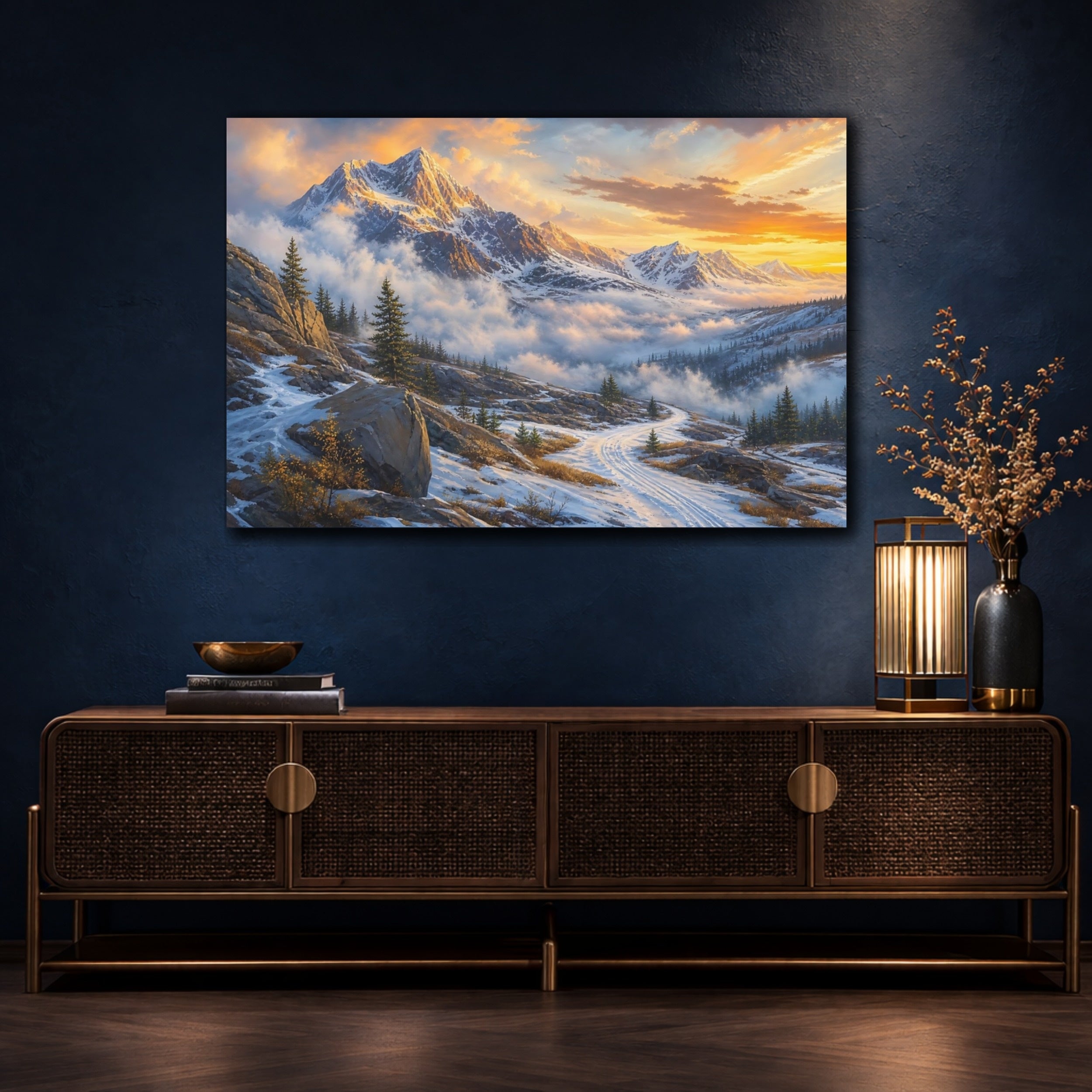 Mockup 4. Nature Snowy Mountains Golden Snowy Landscape shown as stretched canvas wall art