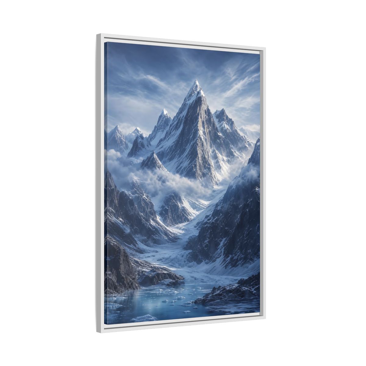 Side Mockup 9. Nature Snowy Mountains Snowy Mountain Lake shown as stretched canvas wall art