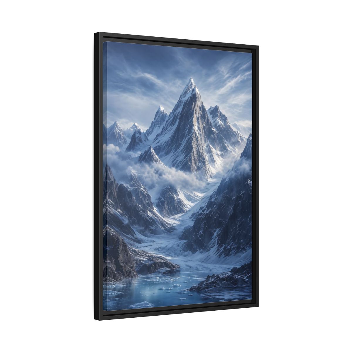 Side Mockup 14. Nature Snowy Mountains Snowy Mountain Lake shown as stretched canvas wall art