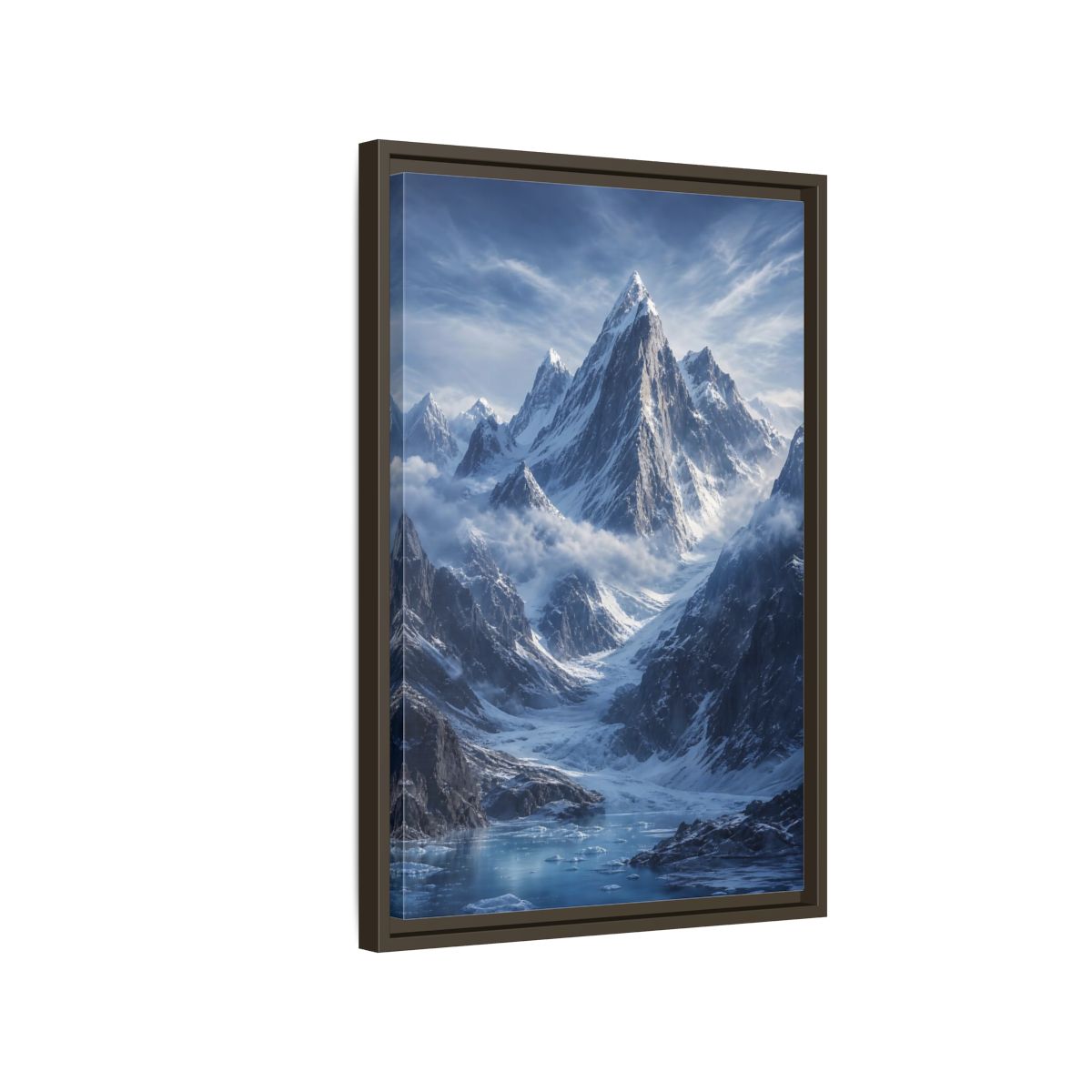 Side Mockup 2. Nature Snowy Mountains Snowy Mountain Lake shown as stretched canvas wall art