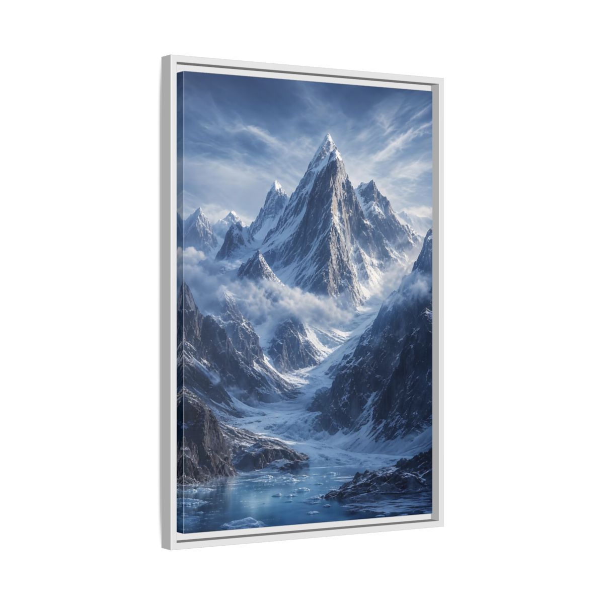 Side Mockup 10. Nature Snowy Mountains Snowy Mountain Lake shown as stretched canvas wall art