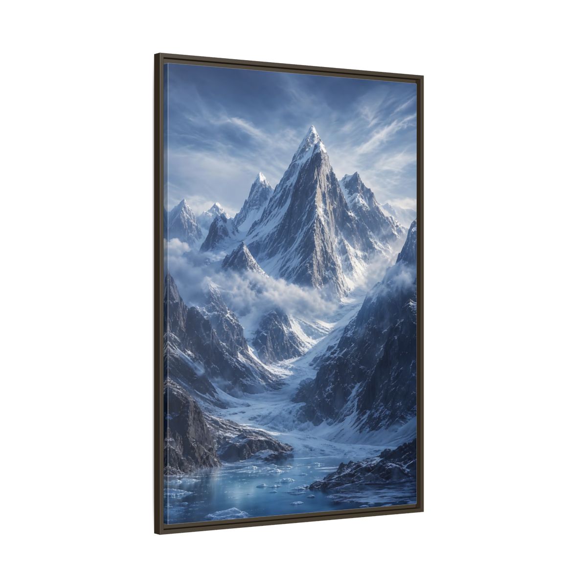 Side Mockup 8. Nature Snowy Mountains Snowy Mountain Lake shown as stretched canvas wall art