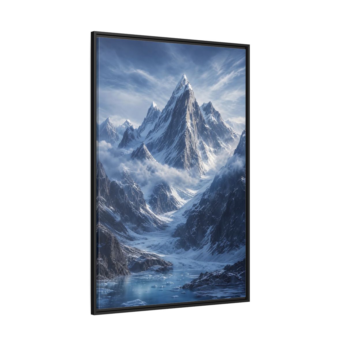 Side Mockup 12. Nature Snowy Mountains Snowy Mountain Lake shown as stretched canvas wall art