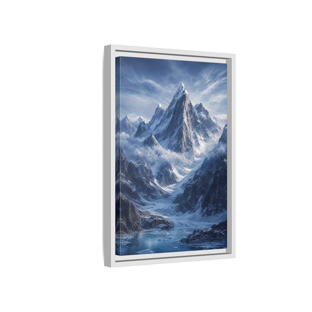 Side Mockup 4. Nature Snowy Mountains Snowy Mountain Lake shown as stretched canvas wall art