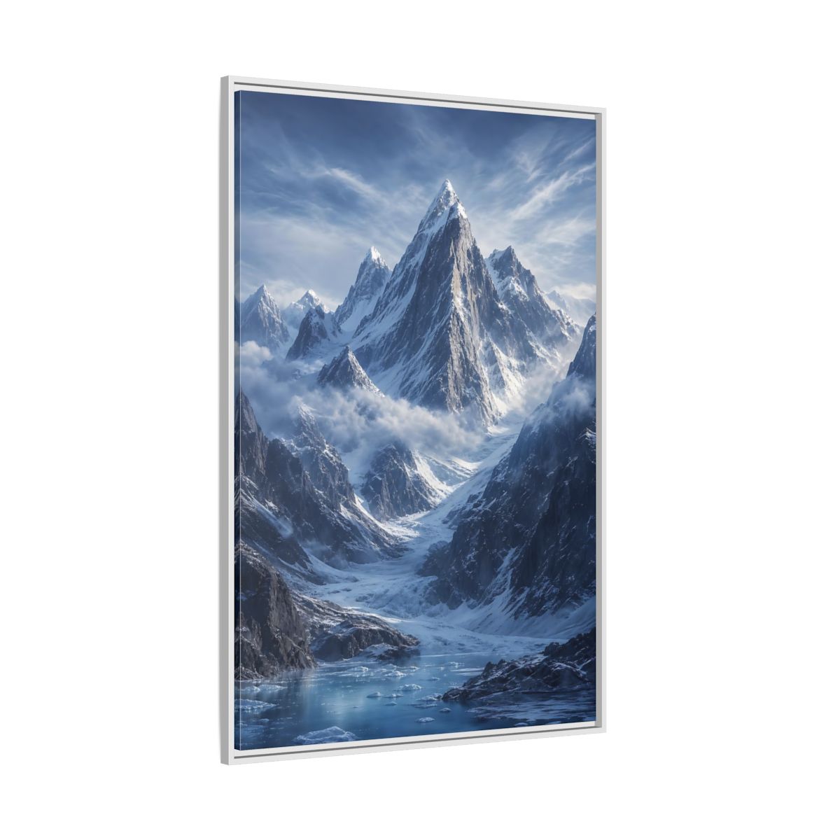 Side Mockup 7. Nature Snowy Mountains Snowy Mountain Lake shown as stretched canvas wall art