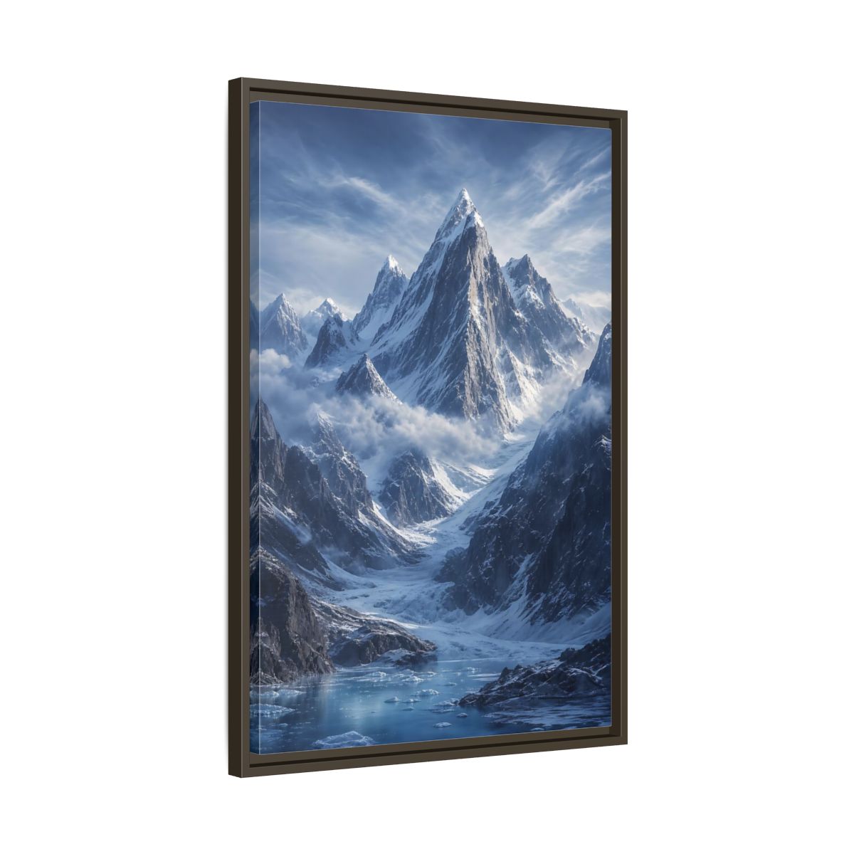 Side Mockup 11. Nature Snowy Mountains Snowy Mountain Lake shown as stretched canvas wall art