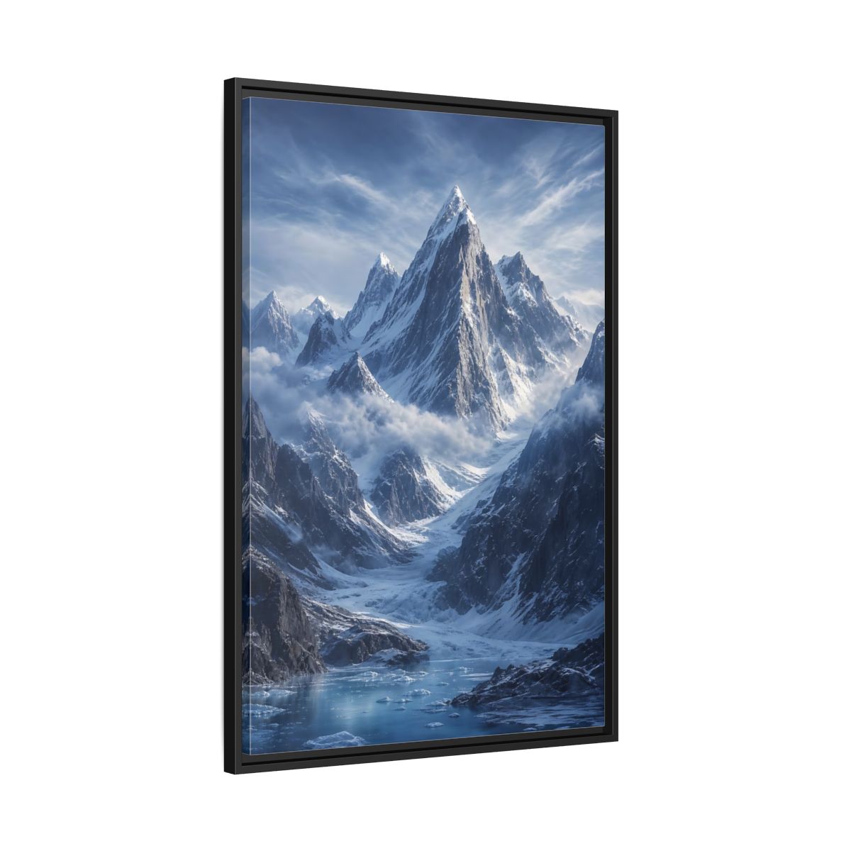 Side Mockup 13. Nature Snowy Mountains Snowy Mountain Lake shown as stretched canvas wall art