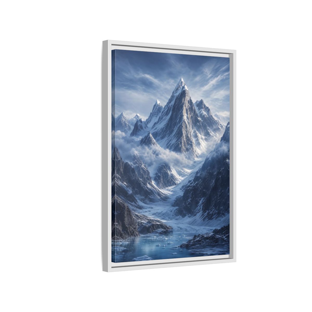 Side Mockup 1. Nature Snowy Mountains Snowy Mountain Lake shown as stretched canvas wall art
