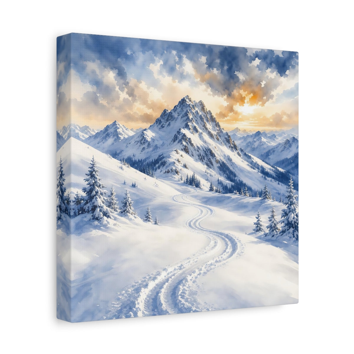 Side Mockup 9. Nature Snowy Mountains Snowy Mountain Landscape shown as stretched canvas wall art