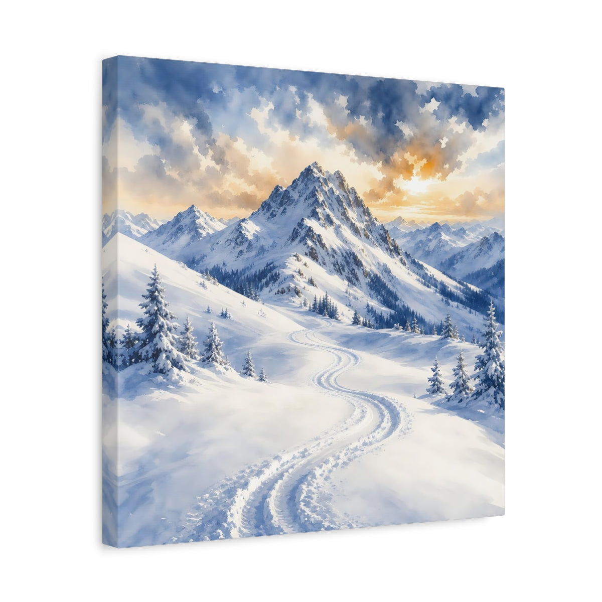 Side Mockup 6. Nature Snowy Mountains Snowy Mountain Landscape shown as stretched canvas wall art