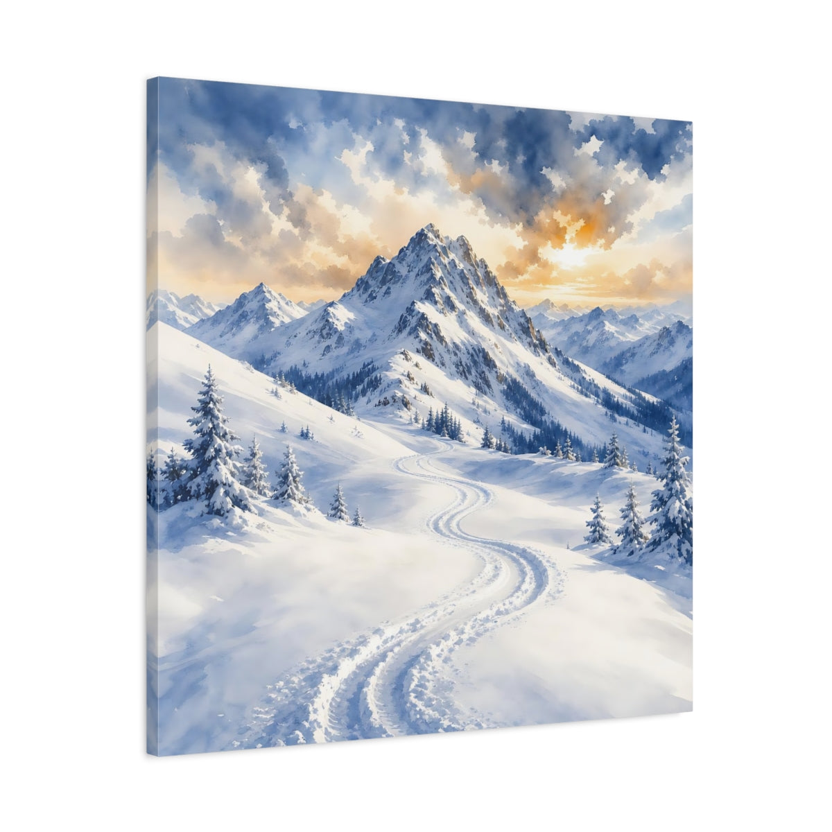 Side Mockup 3. Nature Snowy Mountains Snowy Mountain Landscape shown as stretched canvas wall art