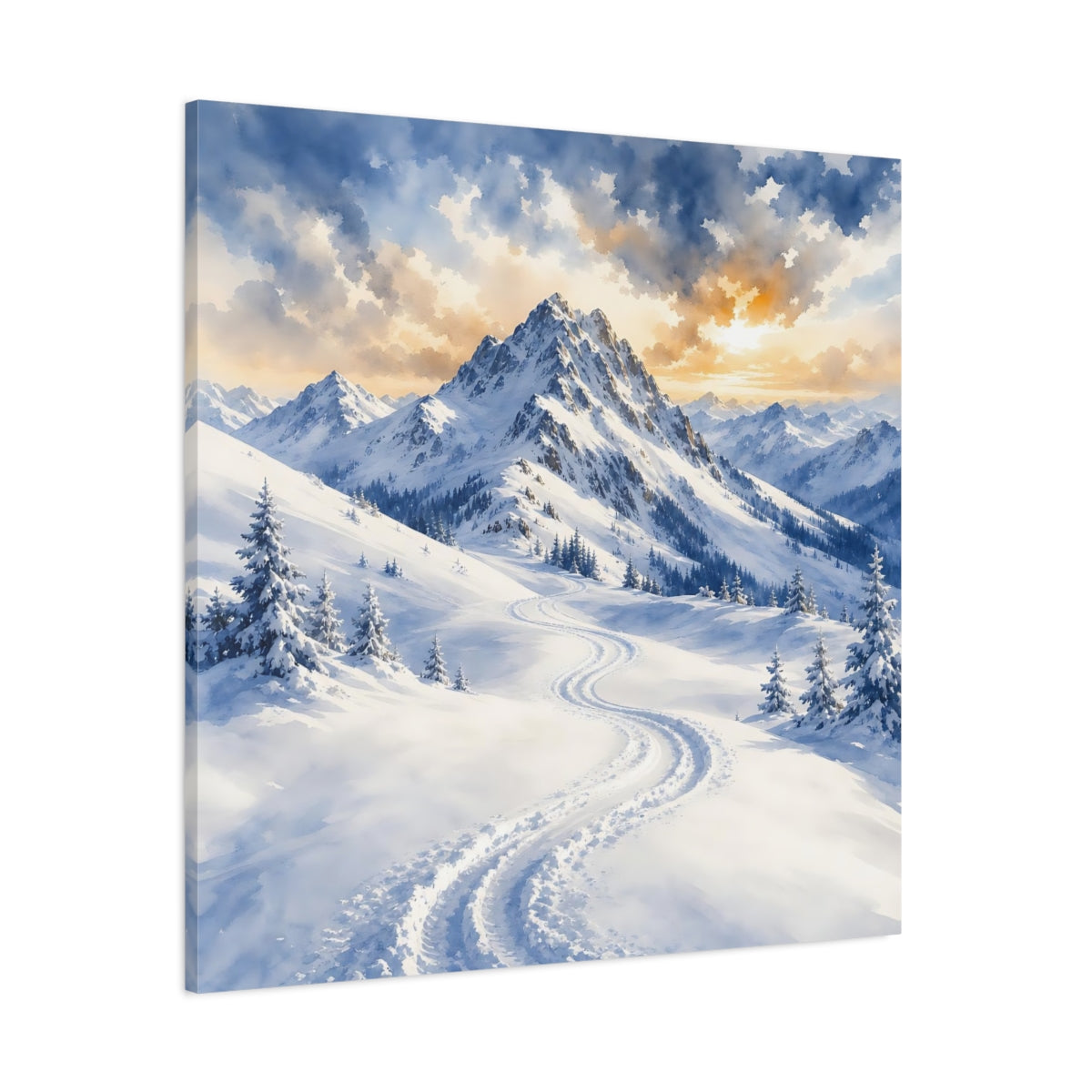 Side Mockup 1. Nature Snowy Mountains Snowy Mountain Landscape shown as stretched canvas wall art