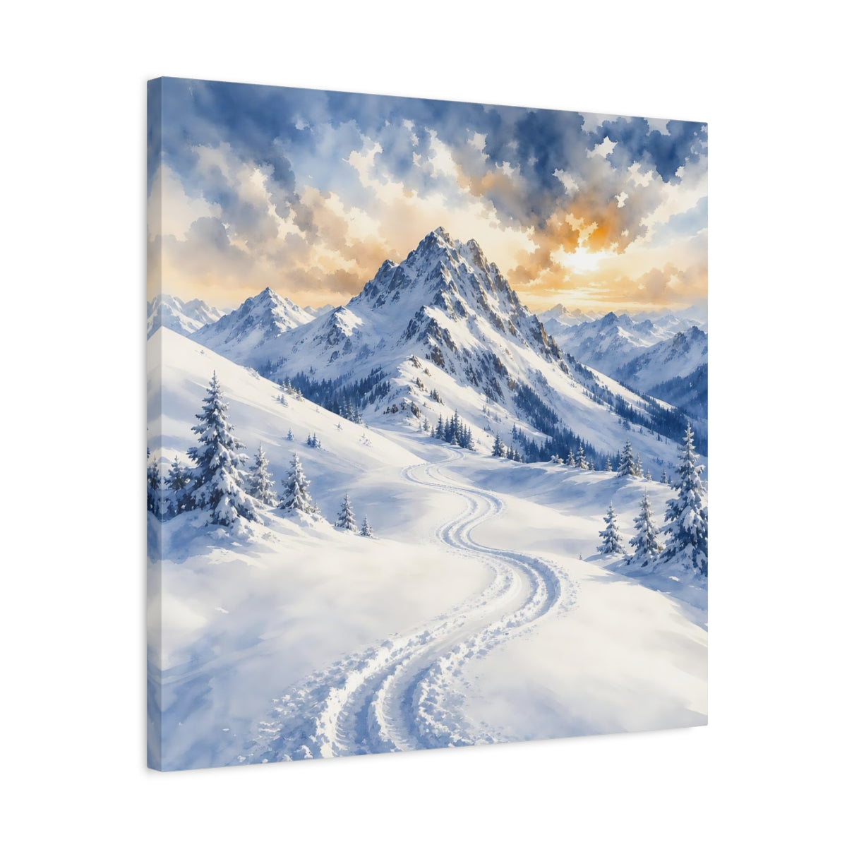 Side Mockup 4. Nature Snowy Mountains Snowy Mountain Landscape shown as stretched canvas wall art