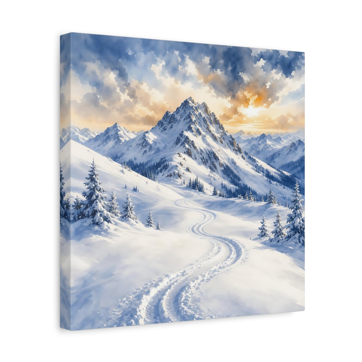 Side Mockup 7. Nature Snowy Mountains Snowy Mountain Landscape shown as stretched canvas wall art