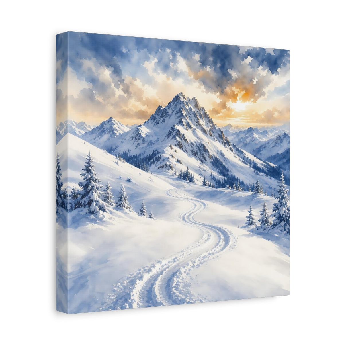 Side Mockup 8. Nature Snowy Mountains Snowy Mountain Landscape shown as stretched canvas wall art