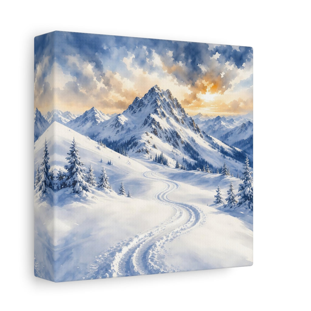 Side Mockup 2. Nature Snowy Mountains Snowy Mountain Landscape shown as stretched canvas wall art