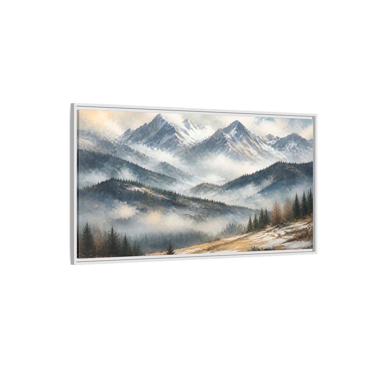 Side Mockup 3. Nature Snowy Mountains Snowy Mountain Landscape shown as stretched canvas wall art