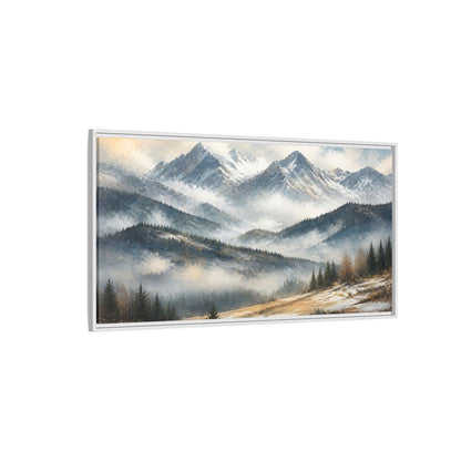 Side Mockup 3. Nature Snowy Mountains Snowy Mountain Landscape shown as stretched canvas wall art