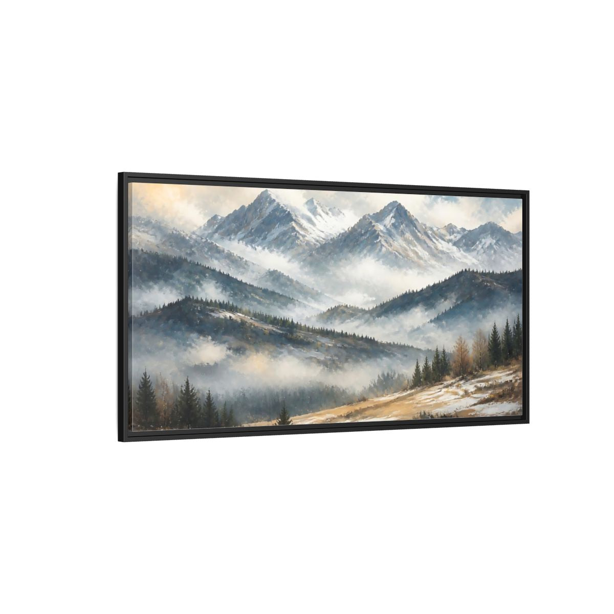 Side Mockup 5. Nature Snowy Mountains Snowy Mountain Landscape shown as stretched canvas wall art
