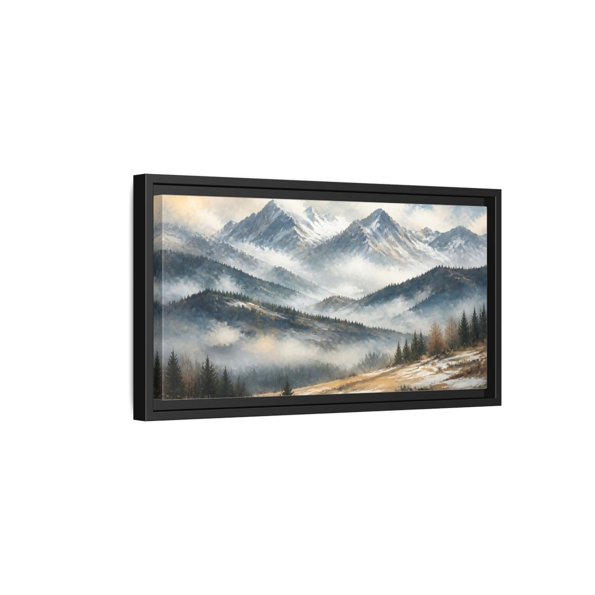 Side Mockup 8. Nature Snowy Mountains Snowy Mountain Landscape shown as stretched canvas wall art