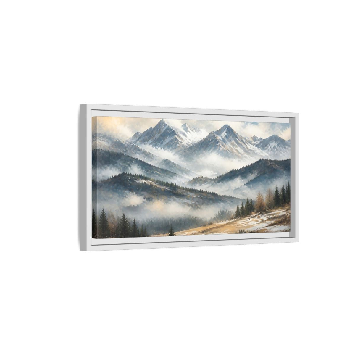 Side Mockup 6. Nature Snowy Mountains Snowy Mountain Landscape shown as stretched canvas wall art