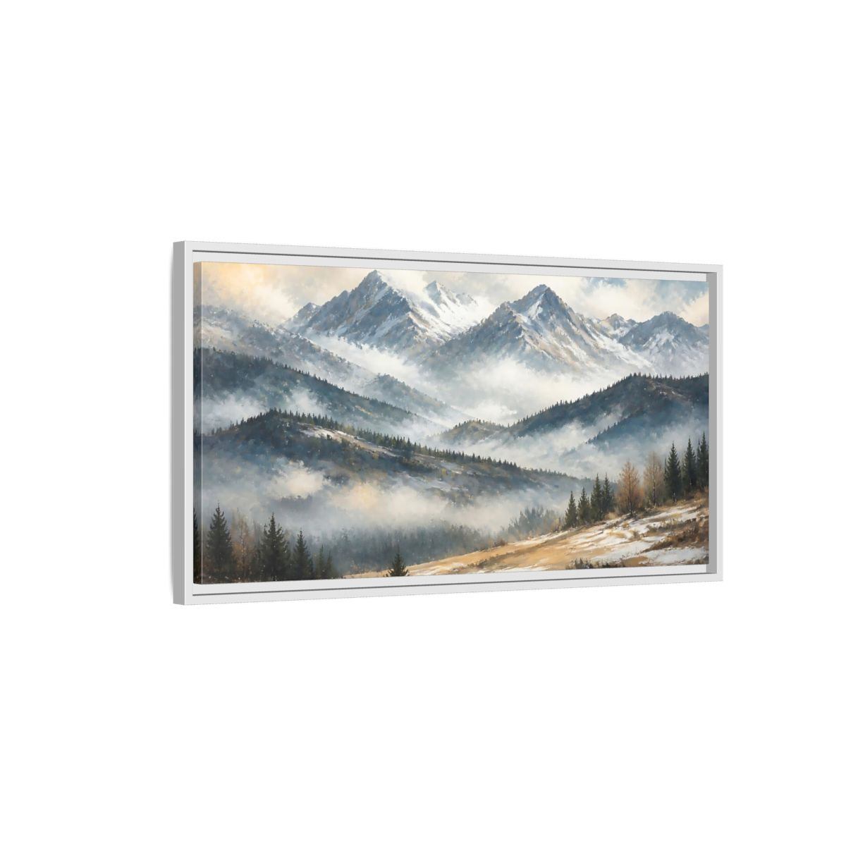 Side Mockup 1. Nature Snowy Mountains Snowy Mountain Landscape shown as stretched canvas wall art