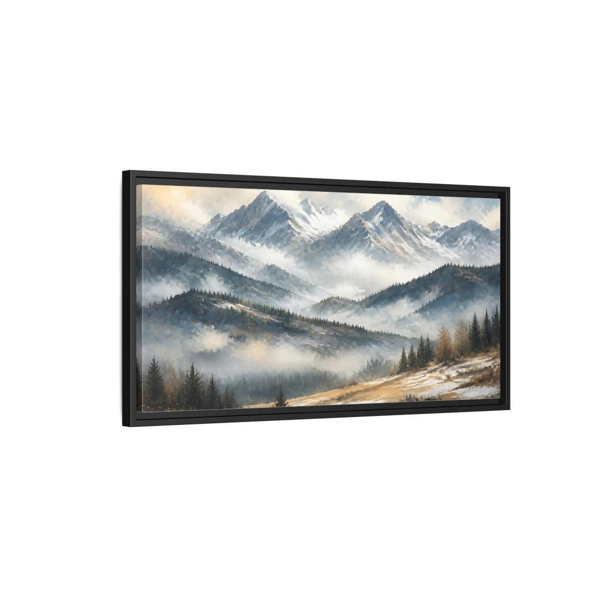 Side Mockup 2. Nature Snowy Mountains Snowy Mountain Landscape shown as stretched canvas wall art