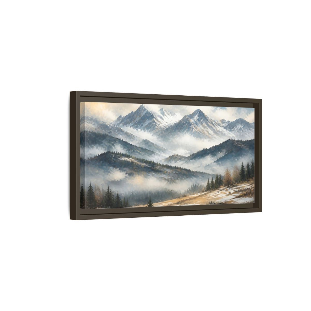 Side Mockup 7. Nature Snowy Mountains Snowy Mountain Landscape shown as stretched canvas wall art