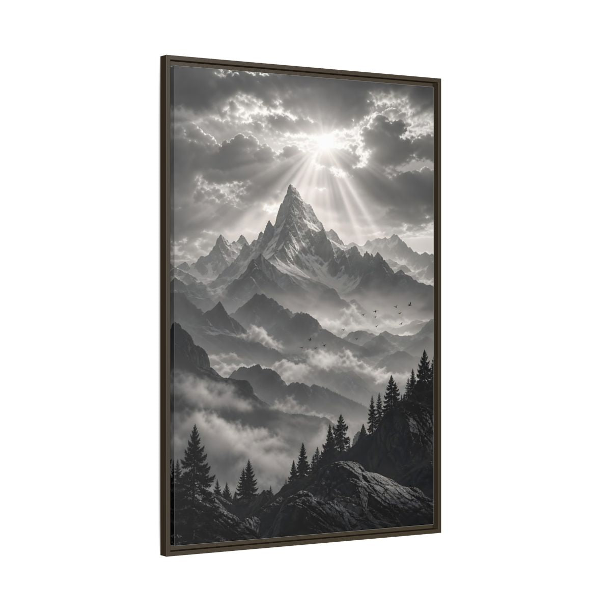 Side Mockup 8. Nature Snowy Mountains Monochrome Mountains shown as stretched canvas wall art