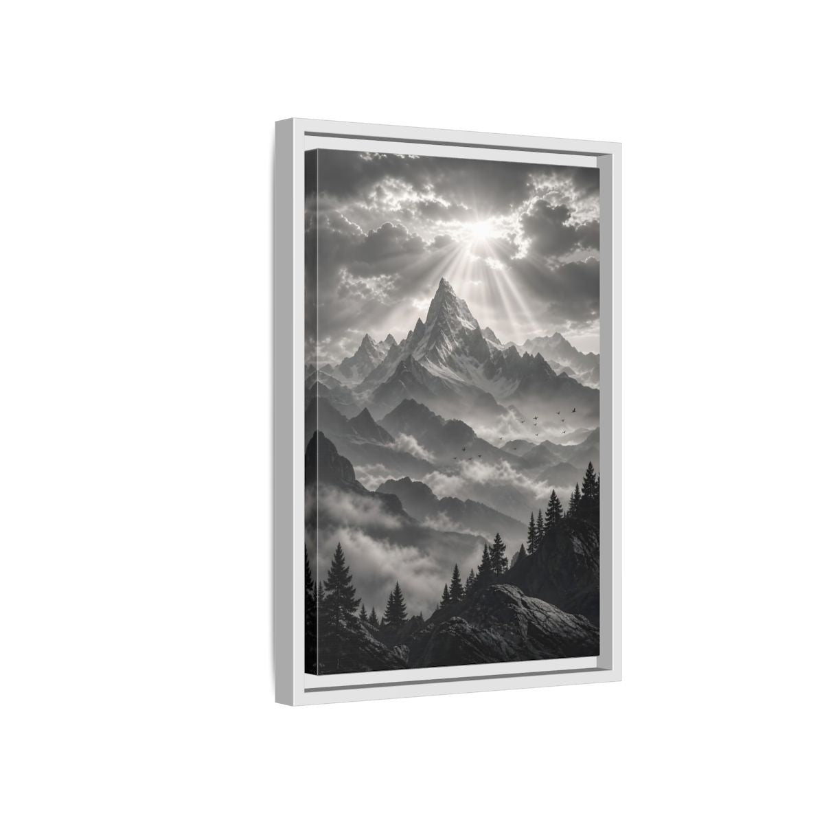 Side Mockup 4. Nature Snowy Mountains Monochrome Mountains shown as stretched canvas wall art