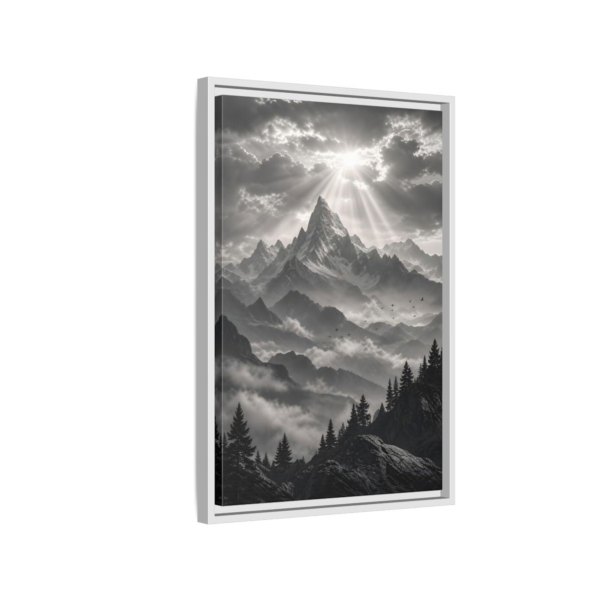 Side Mockup 1. Nature Snowy Mountains Monochrome Mountains shown as stretched canvas wall art