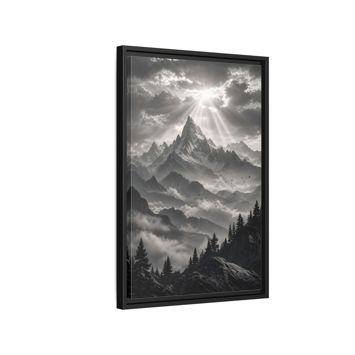 Side Mockup 3. Nature Snowy Mountains Monochrome Mountains shown as stretched canvas wall art