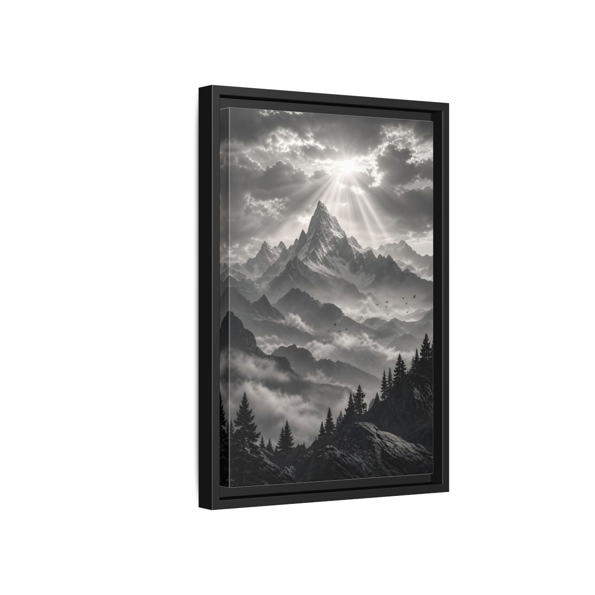Side Mockup 6. Nature Snowy Mountains Monochrome Mountains shown as stretched canvas wall art