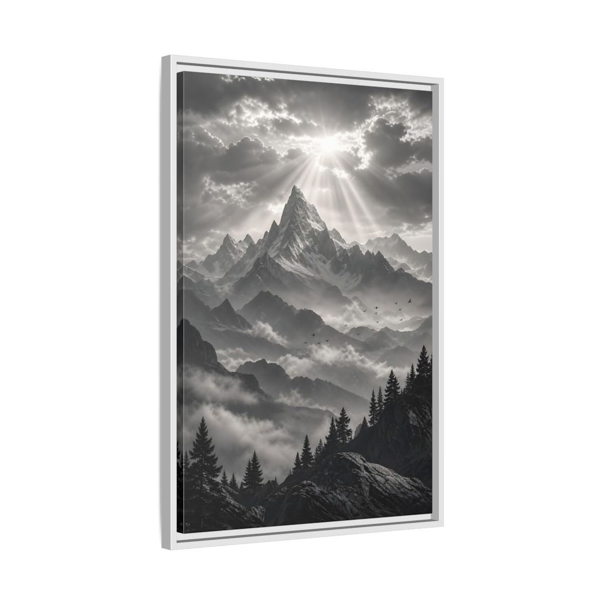 Side Mockup 10. Nature Snowy Mountains Monochrome Mountains shown as stretched canvas wall art