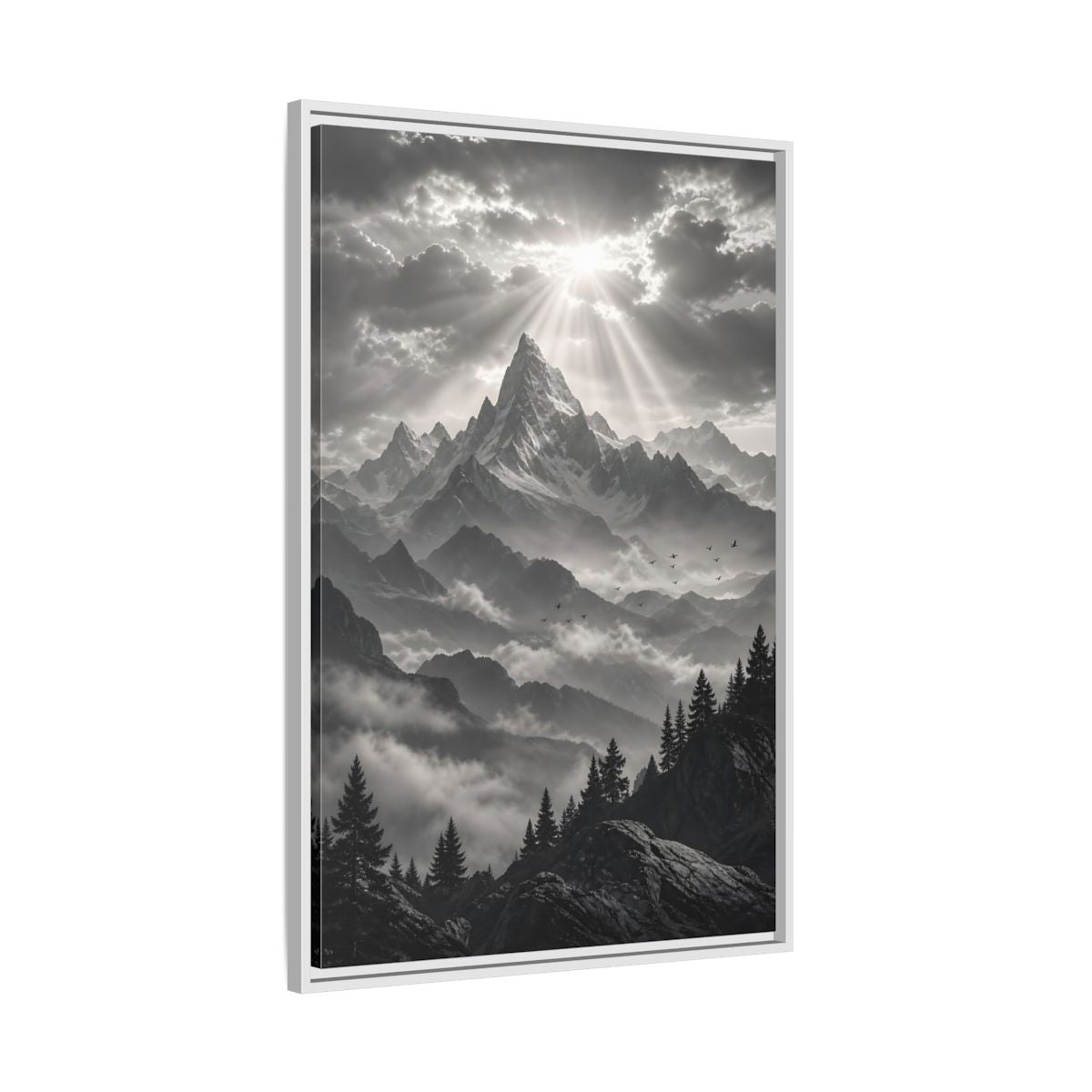 Side Mockup 9. Nature Snowy Mountains Monochrome Mountains shown as stretched canvas wall art