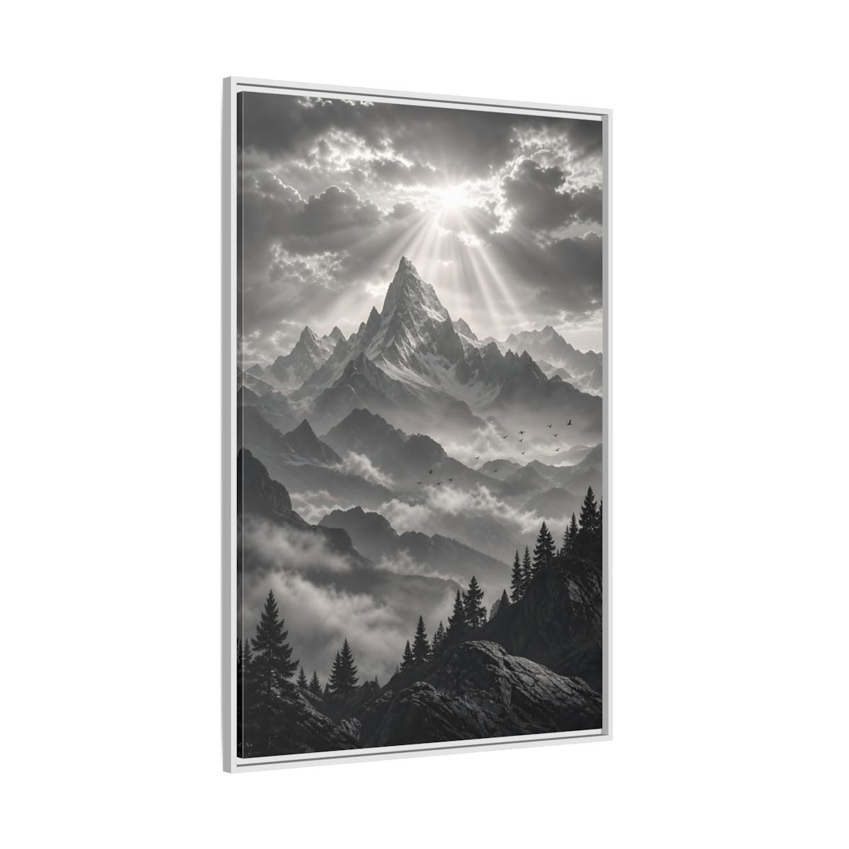 Side Mockup 7. Nature Snowy Mountains Monochrome Mountains shown as stretched canvas wall art