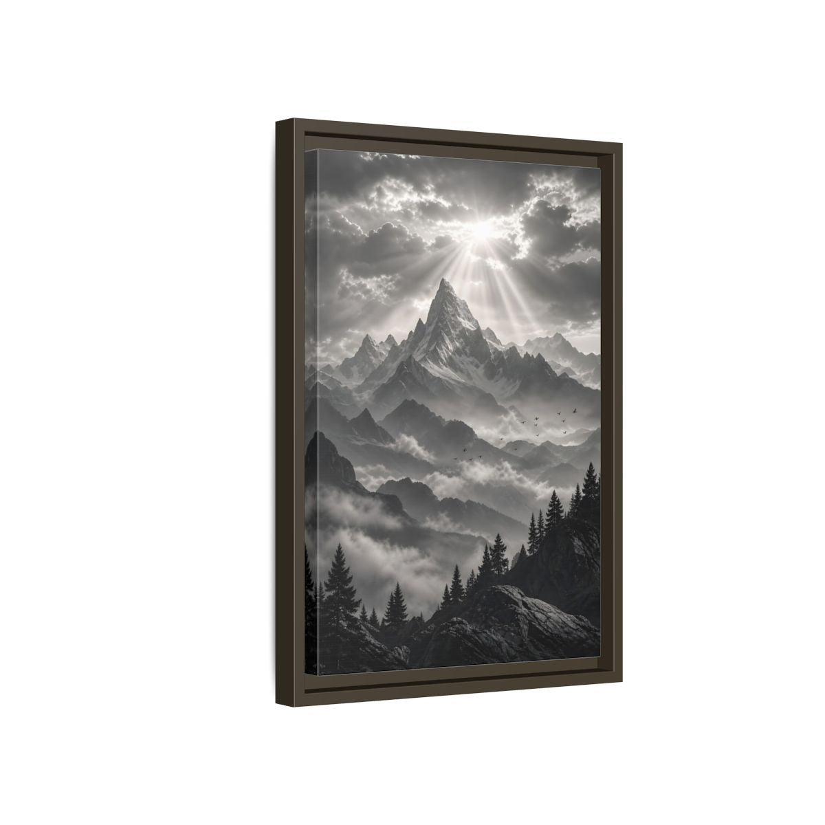 Side Mockup 5. Nature Snowy Mountains Monochrome Mountains shown as stretched canvas wall art
