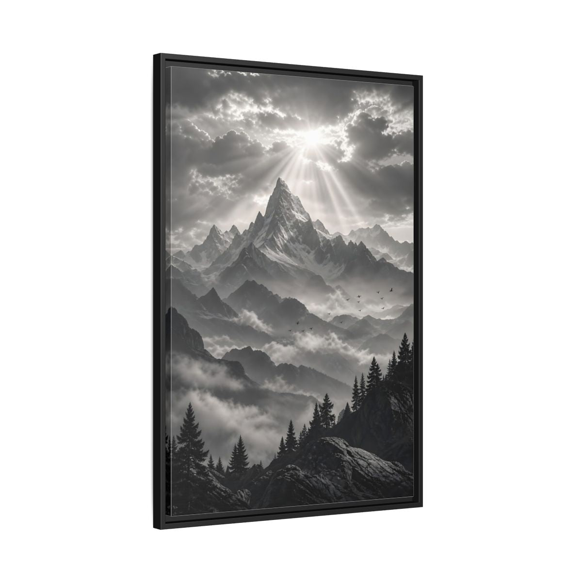 Side Mockup 13. Nature Snowy Mountains Monochrome Mountains shown as stretched canvas wall art